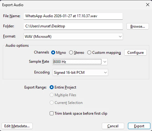 Audacity wav dosyası oluşturma